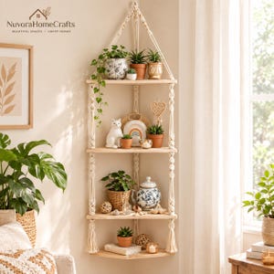 May include: A four-tier corner hanging shelf made of light-colored wood suspended by cream-colored macrame rope. The shelves hold various potted plants, a white cat figurine, a rainbow-shaped decor piece, and a blue and white patterned ceramic jar.