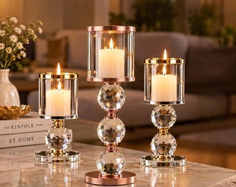 Crystal Candle Holder Set of 3, Gold Glass Candle Holders, Elegant Table Centerpiece Decor