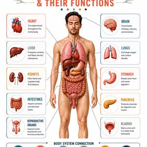 Puede incluir: Un póster educativo titulado BODY ORGANS & THEIR FUNCTIONS que presenta una ilustración anatómica central de un cuerpo humano con órganos internos etiquetados. Incluye diagramas detallados del corazón, cerebro, hígado, pulmones, riñones, estómago, intestinos, páncreas, órganos reproductores y vejiga con descripciones de sus funciones biológicas.