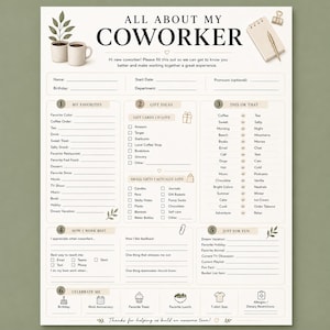 May include: A printable All About My Coworker questionnaire sheet with sections for favorites, gift ideas, this or that preferences, work style, and fun facts. The document features a beige background with black text, line prompts, and icons.
