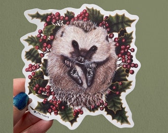 Hedgehog Sticker, Waterproof Vinyl Decal, Laptop/Planner/Water Bottle Sticker, Stocking Filler, Festive Christmas Sticker, British Wildlife