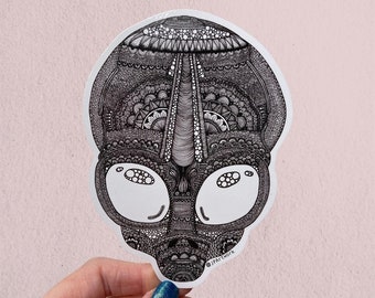 Trippy Alien Head Vinyl Sticker, Sci-Fi Sticker, Outer Space Decal, Laptop Sticker, Waterproof, Scrapbook, Extra-terrestrial Illustration