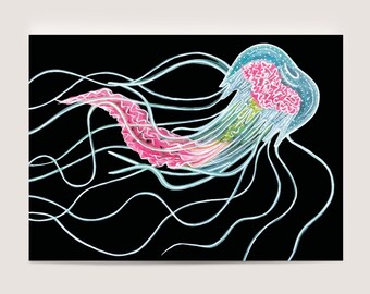 Neon Jellyfish Mini Print Postcard, 5x7" | Underwater Sea Creature, Swimming Jellyfish Art Print for Ocean Lovers by Jenny Pond, JP Artwork