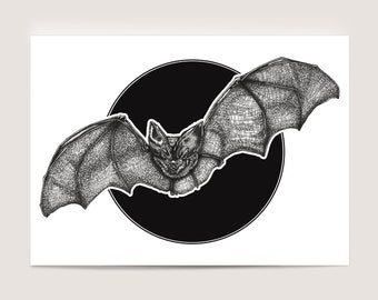 Bat Mini Print Postcard, 5x7" | Flying Bat Drawing, Spooky Print; Halloween Gothic Line Art | Gift for Bat Lovers by Jenny Pond, JP Artwork