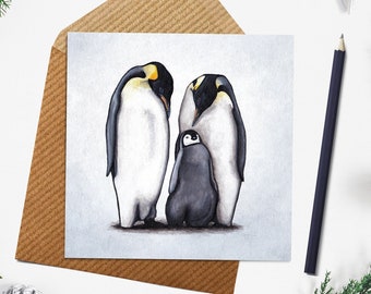 Penguin Christmas Card, Seasonal Festive Cards, Merry Christmas Holiday Greeting Card, Penguin Family Christmas Card, Babys First Christmas