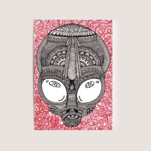 Mini carte postale imprimée Alien Head, 5 x 7" | Impression d'art science-fiction, extra-atmosphérique, extraterrestre pour les amateurs d'extraterrestres | Oeuvre de Jenny Pond, oeuvre d'art JP