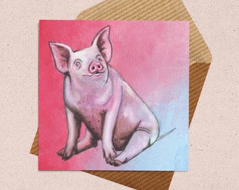 Pig Card, Pink Pig Birthday Card, Pig Thank You Card, Hog Card, Farm Animal Card, Cute Pig Card, Illustrated Card, Pig Painting, Pig Lover