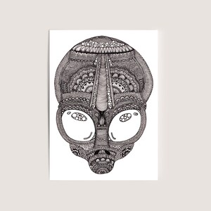 May include: Black and white line art drawing of an alien's face with large eyes and a detailed, intricate design.