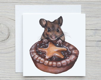 Mouse with a Mince Pie Christmas Card | Cute, Fun Christmas Card for Animal Lovers | British Wildlife Gift, UK Shop, Jenny Pond, JP Artwork