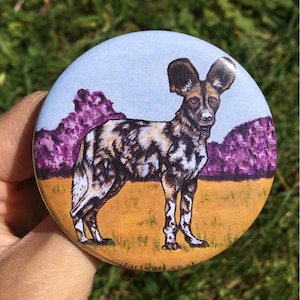 Painted Dog Badge | African Wild Dog | 58mm Metal Pin Badge | Endangered Wildlife Art | Dog Gifts | Jenny Pond, JP Artwork