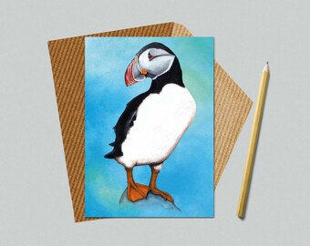 Puffin Greeting Card for Bird Lovers | Blue Puffin Birthday Card | Faroe Islands Puffin Art Blank Greeting Card | Jenny Pond, JPArtwork