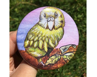 Kakapo Badge | 58mm Metal Pin Badge | Bird Pin Back Button | Endangered Birds | Cute Pin Badge | Jenny Pond, JP Artwork