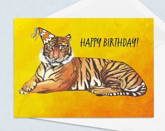 Tiger Card, Tiger Birthday Card, Animal Birthday Card, Party Animal, Tiger Art, Tiger Illustration, Big Cat Card, Cat Card, Bengal Tiger