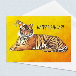 Carte tigre, carte d'anniversaire tigre, carte d'anniversaire animal, fêtard, art tigre, illustration tigre, carte grand félin, carte chat, tigre du Bengale