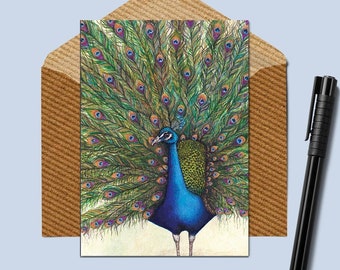 Tarjeta de pavo real, tarjeta de cumpleaños de pavo real, tarjeta de felicitación de pavo real, tarjeta de plumas de pavo real, bonita tarjeta de pavo real, tarjetas de notas de pavo real, pintura de pavo real