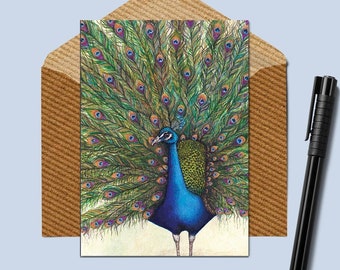 Peacock Card, Peacock Birthday Card, Peacock Greeting Card, Peacock Feather Card, Pretty Peacock Card, Peacock Note Cards, Peacock Painting