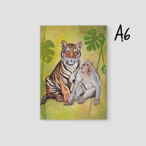 May include: A painting of a tiger and a monkey sitting together in a jungle setting. The tiger is orange and black with green leaves behind it. The monkey is light brown and sitting next to the tiger. The background is a yellow-green color.