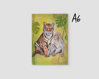 Monkey & Tiger | A6 Journal | Plain or Lined | Cute Animal Stationery Small Gift | Little Pocket Notebook/Sketchbook | Jenny Pond, JPArtwork