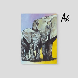 May include: A painting of two elephants, one large and one small, standing close together. The larger elephant is grey with a light pink background, while the smaller elephant is a darker grey with a yellow background.
