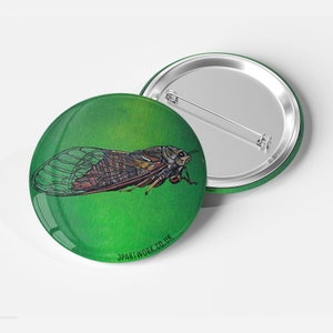 Cicada Badge | 38mm Metal Pin Badge | Pin Back Button | Insect Gifts | Bug Art | Newforest Cicada | Green Badge | Jenny Pond, JP Artwork