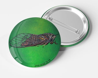 Cicada Badge | 38mm Metal Pin Badge | Pin Back Button | Insect Gifts | Bug Art | Newforest Cicada | Green Badge | Jenny Pond, JP Artwork