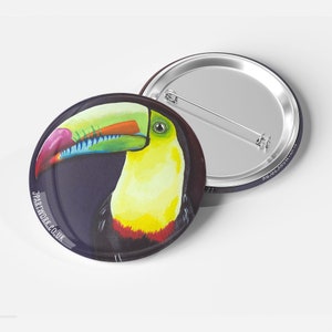 Toucan Badge | 38mm Metal Badge | Pin Back Button | Rainbow-billed Toucan | Tropical Bird | Animal Art | Jenny Pond, JP Artwork