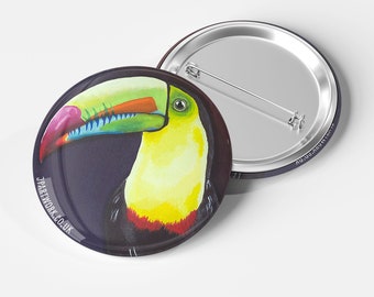 Toucan Badge | 38mm Metal Badge | Pin Back Button | Rainbow-billed Toucan | Tropical Bird | Animal Art | Jenny Pond, JP Artwork