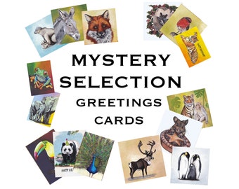 Greetings Card Pack, Mystery Selection; Surprise Bundle, Mixed Animal Cards, Birthday Cards, Christmas Cards, Blank Cards, Animal Art Card