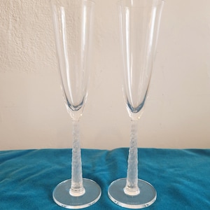 RARE Salviati Diamante Champagne Flutes PAIR Frosted Stem Murano Glass