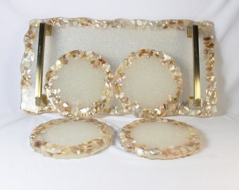 Beautiful resin and crushed shell tray and four matching coasters