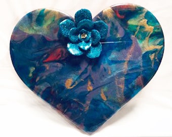 Original, one of a kind, resin painting on wood with ornamental blue resin flower.