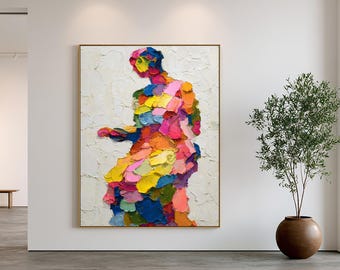 Texturerad kvinnofigur oljemålning, minimalistisk färgglad väggkonst