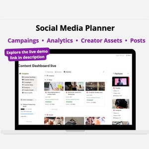 May include: A laptop screen displaying a Social Media Planner dashboard with the text Campaings, Analytics, Creator Assets, Posts, and a purple bubble stating Explore the live demo link in description. The interface shows content cards and analytics.