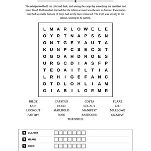 May include: A word search puzzle titled Case No. 51 The Reefer Hold, featuring a grid of letters, a list of words to find including Bilge, Gun, Lookout, Pantry, Capstan, Hold, Mailhold, Rope, Thaddeus, Costa, Legacy, Manifest, Sashcord, Flare, Leo, Marlowe, Sickbay, and three blank answer fields for Culprit, Means, and Deck.