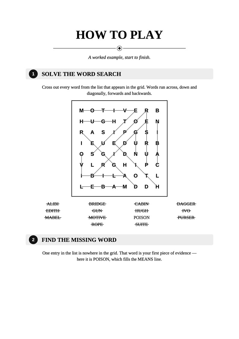 May include: A black and white instructional page titled HOW TO PLAY, featuring a word search puzzle grid with crossed-out words. Below the grid, a list of words includes ALIBI, EDITH, MABEL, BRIDGE, GUN, MOTIVE, ROPE, CABIN, HUGH, POISON, SUITE, DAGGER, IVO, and PURSER.