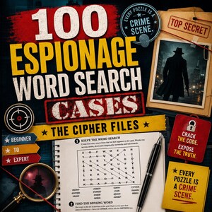 May include: A book cover titled 100 Espionage Word Search Cases The Cipher Files featuring a silhouette of a person in a trench coat, a magnifying glass, a word search puzzle grid, and red, yellow, and blue text boxes with crime-themed phrases.