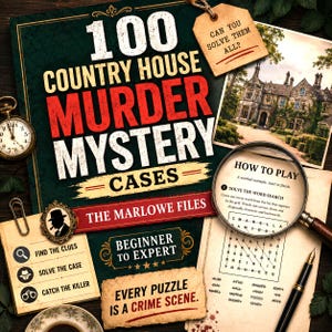 May include: A 100 Country House Murder Mystery Cases book titled The Marlowe Files with a magnifying glass over a word search puzzle, a pocket watch, a fountain pen, and a tag reading Can You Solve Them All? The cover features text about puzzles.