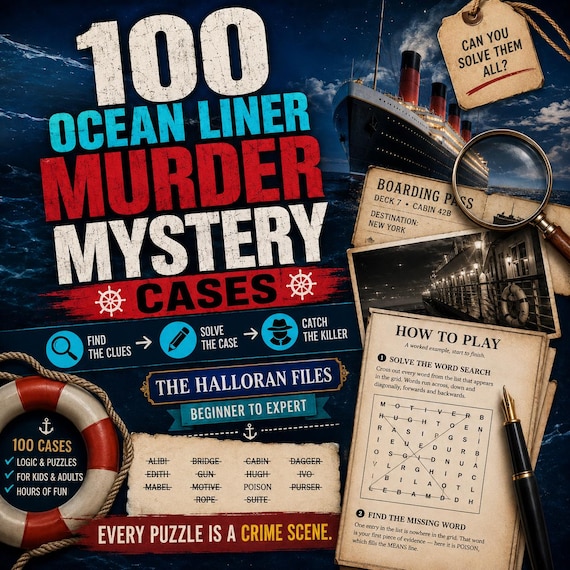 Ocean Liner Mystery Word Search Book, 100 Printable Whodunit Cases, 1930s Detective Puzzles for Adults, (Instant Download PDF)
