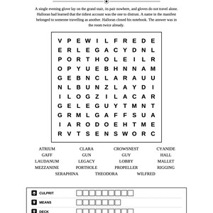 May include: A word search puzzle titled Case No. 76 The Dropped Glove, featuring a grid of letters, a list of words to find including Atrium, Clara, and Crowsnest, and three blank answer fields for Culprit, Means, and Deck on a white background.