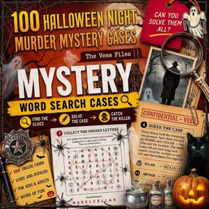 May include: A game box cover titled 100 Halloween Night Murder Mystery Cases featuring a word search puzzle, a magnifying glass, a detective badge, a black cat, and a jack-o'-lantern. The design includes ghosts, spiders, and text.