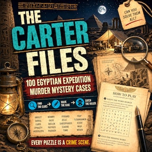 May include: The Carter Files 100 Egyptian Expedition Murder Mystery Cases game box features a night scene with pyramids, a tent, a lantern, a compass, a magnifying glass, and a word search puzzle sheet with a black pen and the text Can you solve them all?
