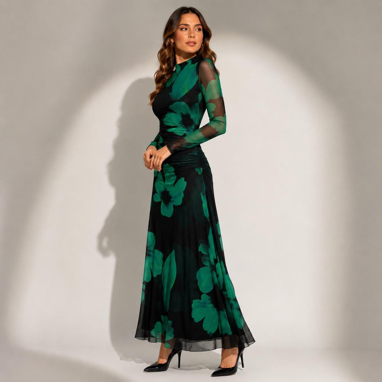 green honolulu flowers long sleeve maxi dress Floral Purple