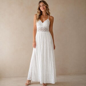 White Lace Maxi Dress: Spaghetti Strap V-Neck with Open Back