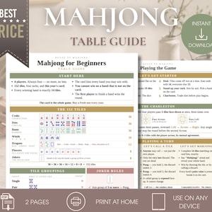 May include: A two-page Mahjong table guide printed on white paper. The document features sections titled Mahjong for Beginners, The 152 Tiles, Tile Groupings, Joker Rules, and Playing the Game, with text, bullet points, and illustrations of tiles.