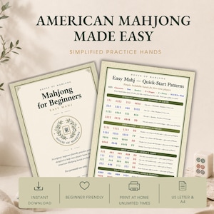 May include: Two instructional sheets for American Mahjong titled Mahjong for Beginners and Easy Mahj Quick-Start Patterns. The documents feature cream backgrounds with green borders, text, and icons, alongside three white Mahjong tiles.