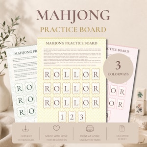 Op de afbeelding: Drie Mahjong-oefenborden in geel, wit en roze, met instructies en rasters voor tegels. De tekst luidt Mahjong Practice Board, 3 Colorways, Instant Download, Made With Love For Beginners, Print At Home en US Letter 8.5x11.