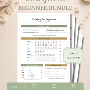 May include: A Mahjong Beginner Bundle guide featuring a table guide with rules, tile groupings, and joker rules. The document includes sections for 152 tiles, including Craks, Dots, Bams, Winds, Dragons, Flowers, and Jokers. Text includes Mahjong Beginner Bundle and Bonus Included.