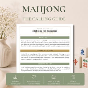 Può includere: Una guida stampata alle chiamate nel Mahjong per principianti, con sezioni su come chiamare, sui jolly e sulla chiamata per vincere. Il documento include testo informativo in nero con intestazioni verdi e dorate su sfondo bianco.