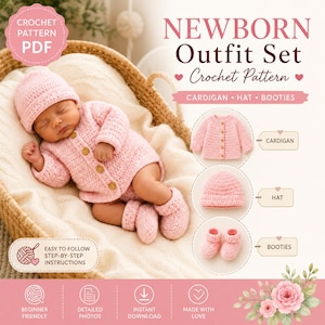 Può includere: Un modello all'uncinetto in PDF per un set di abbigliamento per neonati che include un cardigan rosa chiaro con bottoni in legno, un berretto abbinato e scarpine. Il testo recita NEWBORN Outfit Set Crochet Pattern, CARDIGAN, HAT, BOOTIES e EASY TO FOLLOW STEP-BY-STEP INSTRUCTIONS.