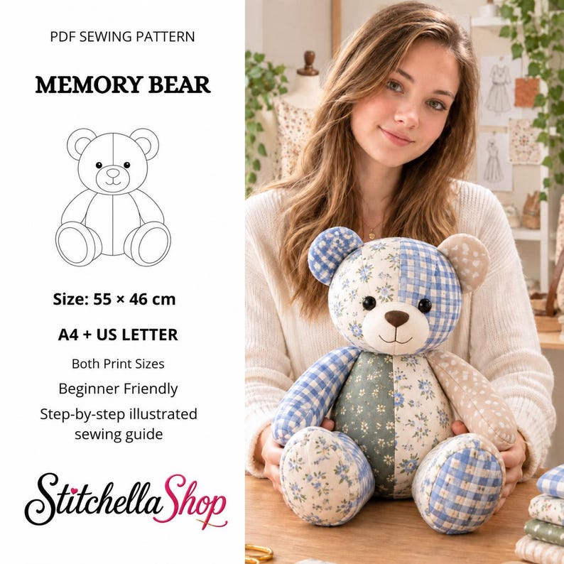 K&ouml;nnte beinhalten: Ein PDF-Schnittmuster f&uuml;r einen Erinnerungsb&auml;ren mit dem Text Memory Bear, Size: 55 x 46 cm, A4 + US Letter, Both Print Sizes, Beginner Friendly, Step-by-step illustrated sewing guide und dem Markennamen StitchellaShop.